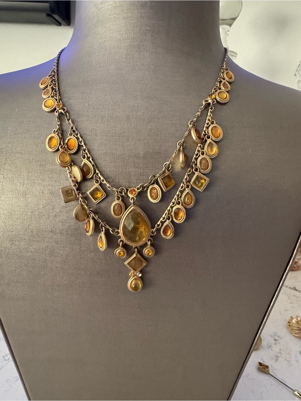 Gold-Tone Amber Teardrop Statement Necklace